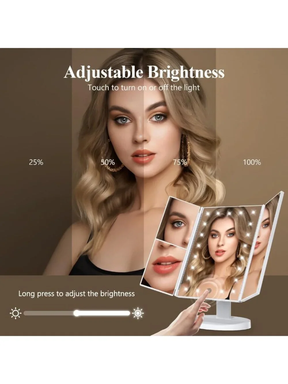 Trifold LED Makeup Mirror with 2X/3X/10X Magnification, Touch Dimming, Dual